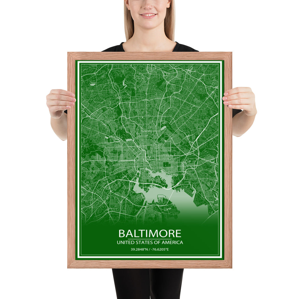 Baltimore Green and White Framed Map