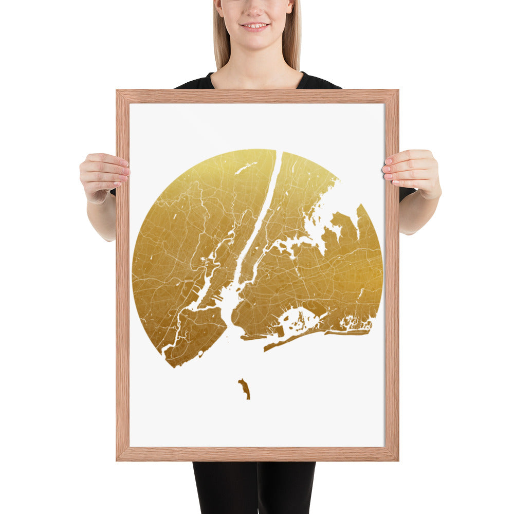 New York Gold on White Framed Map