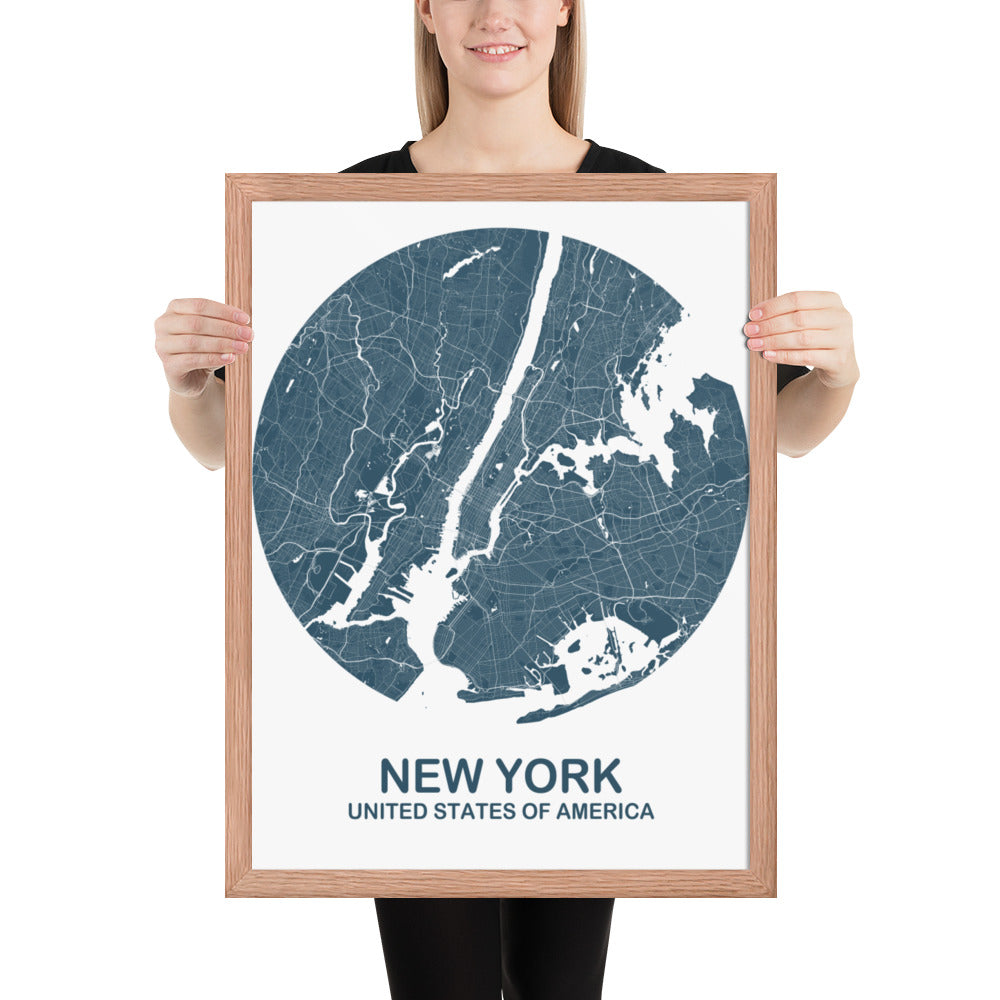 New York Circular Blue Framed Map