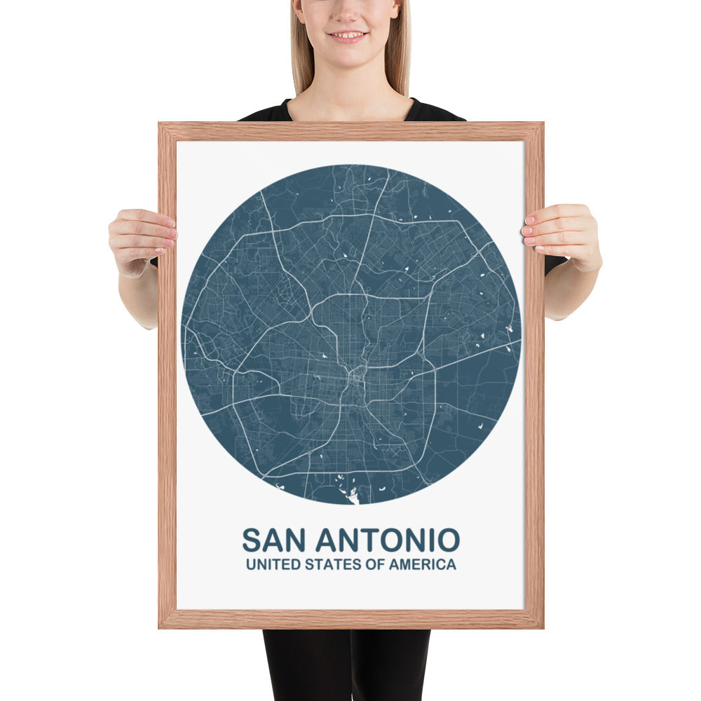 San Antonio Circular Blue Framed Map