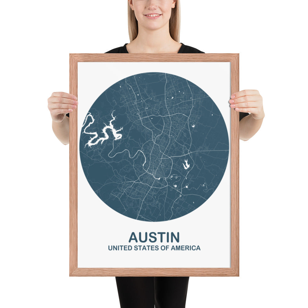 Austin Circular Blue Framed Map