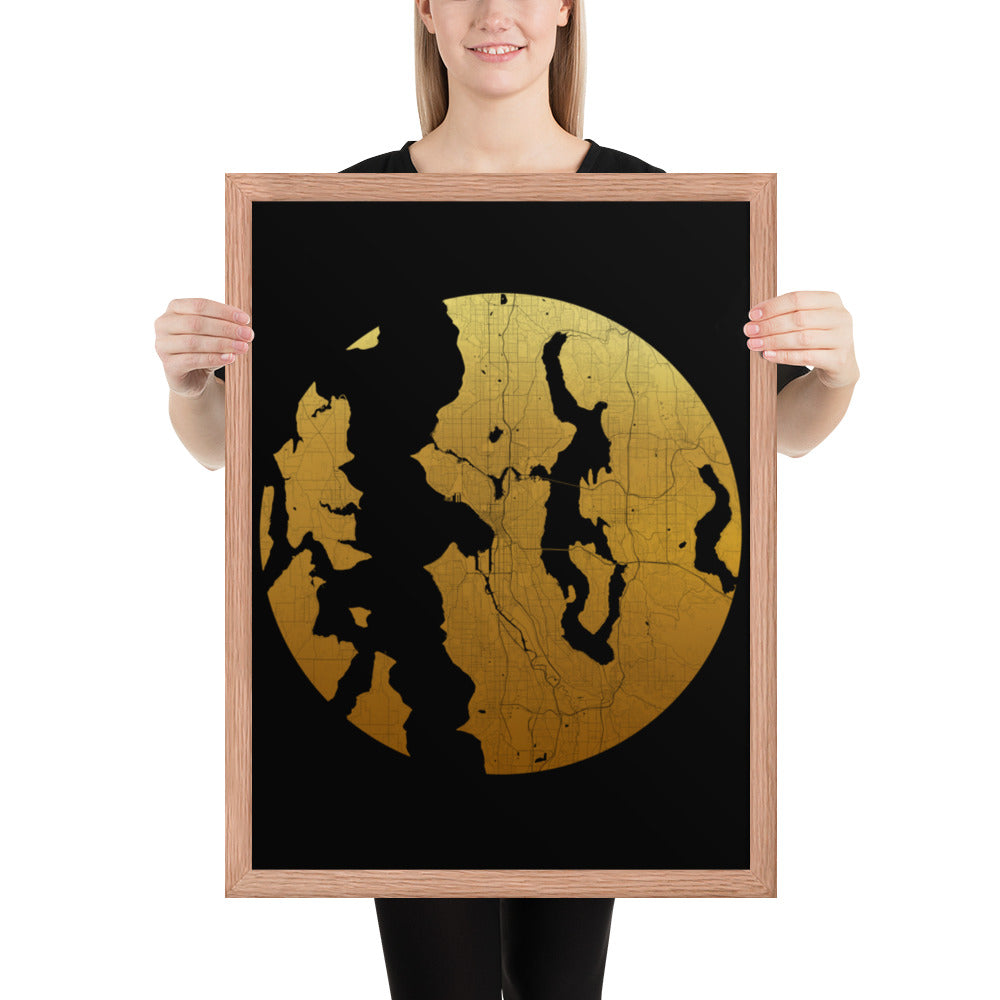 Seattle Gold on Black Framed Map