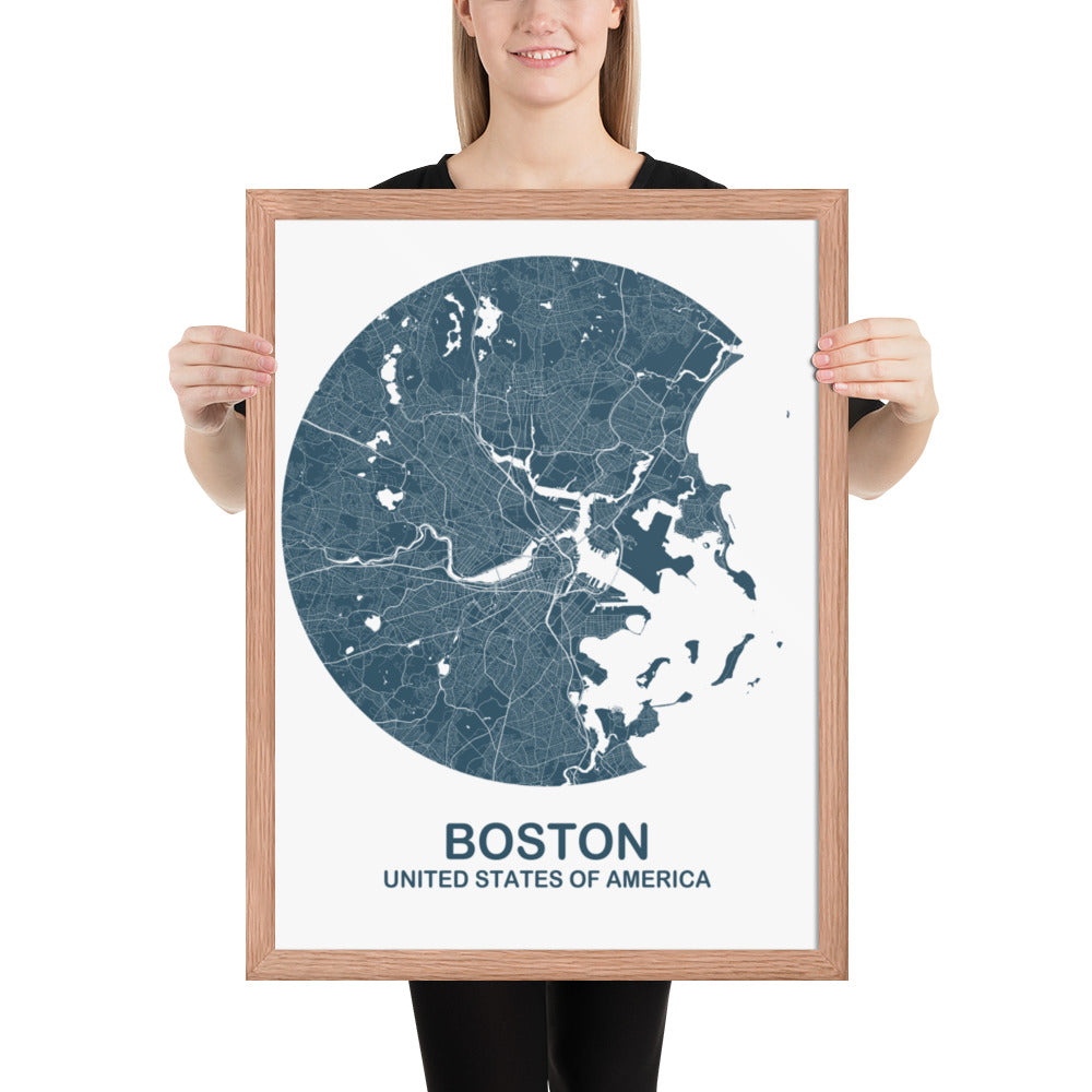 Boston Circular Blue Framed Map