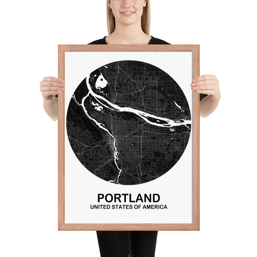 Portland Circular Black Framed Map