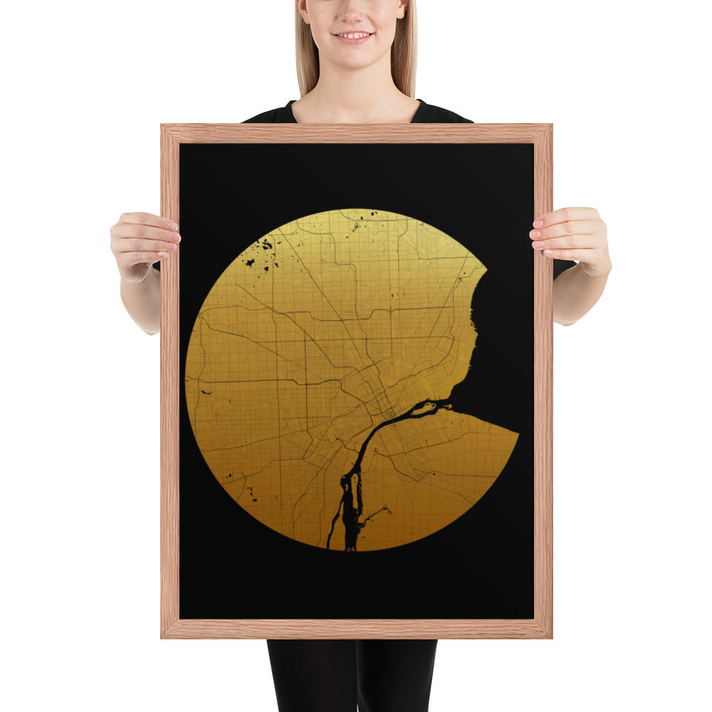 Detroit Gold on Black Framed Map