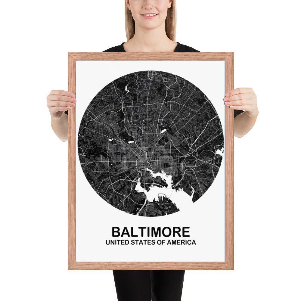 Baltimore Circular Black Framed Map