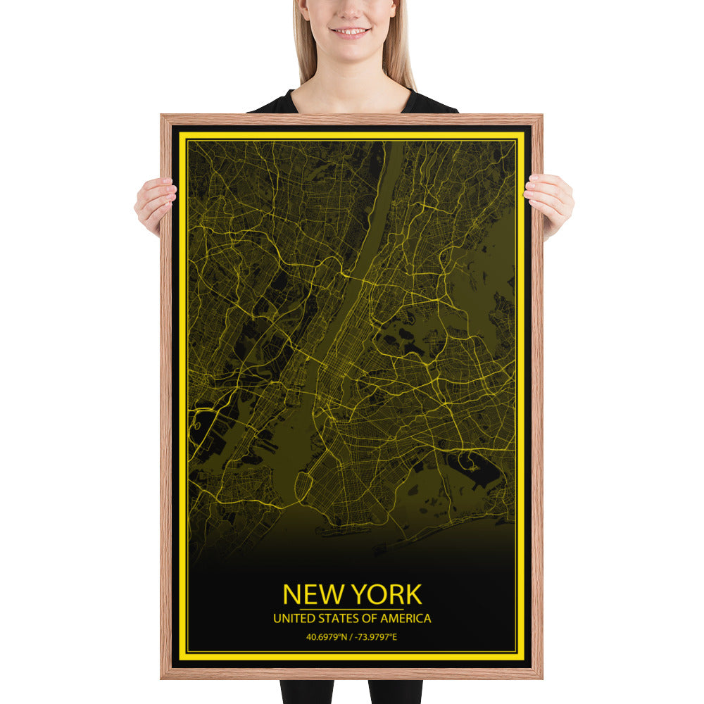 New York Black and Yellow Framed Map