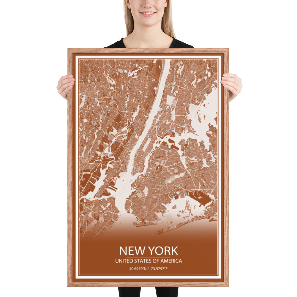 New York Brown and White Framed Map