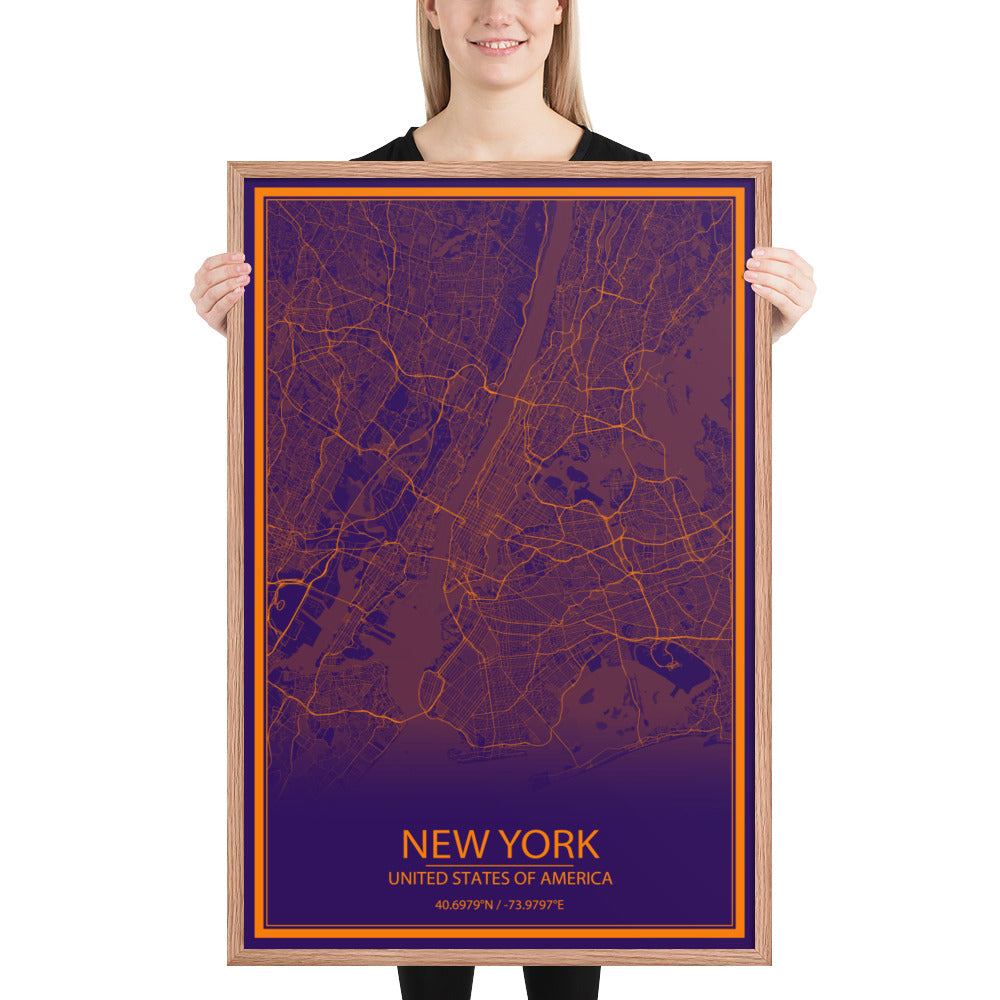 New York Purple and Orange Framed Map