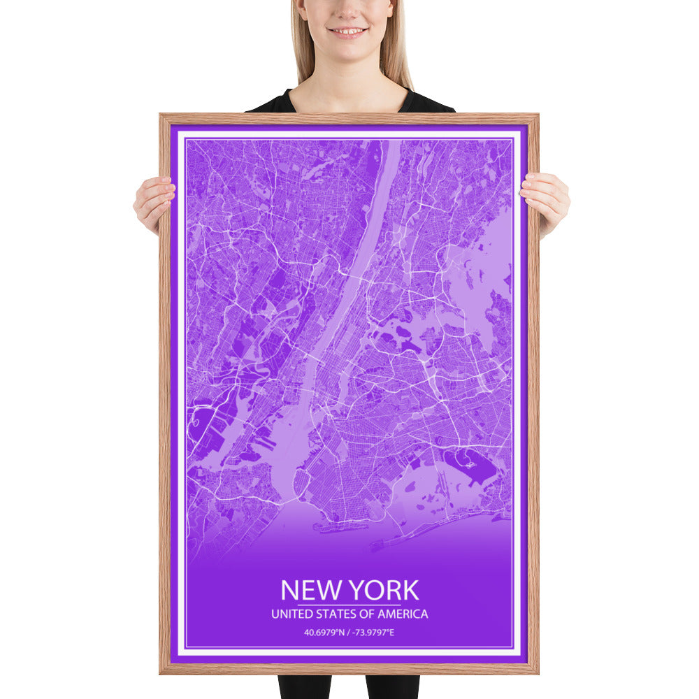 New York Purple and White Framed Map