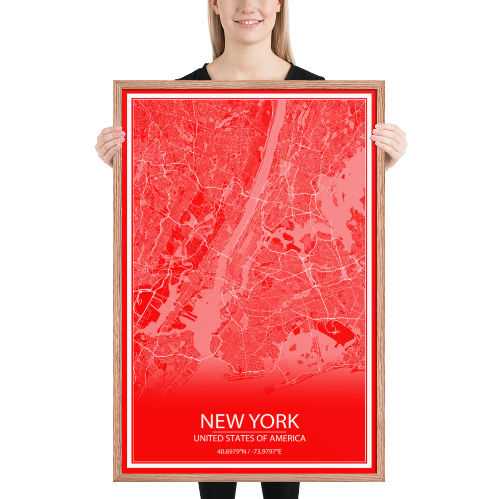 New York Red and White Framed Map