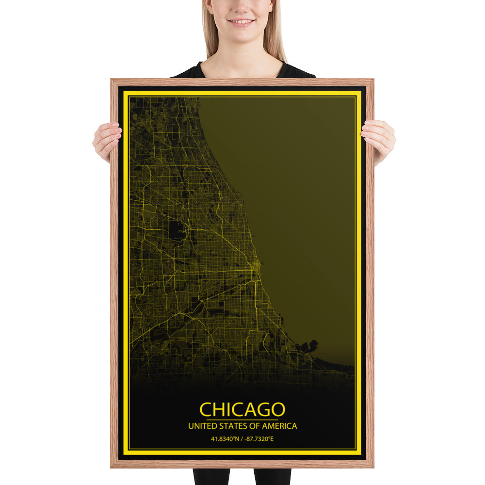 Chicago Black and Yellow Framed Map