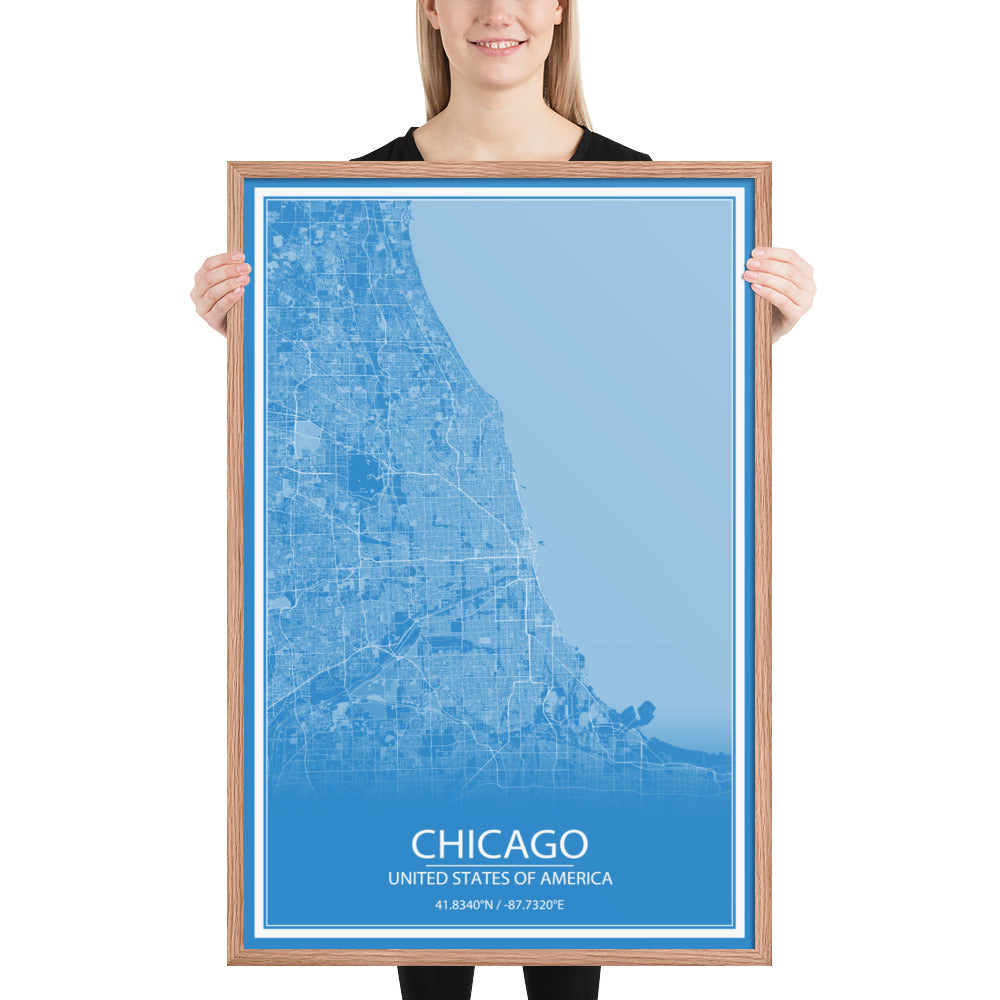 Chicago Blue and White Framed Map