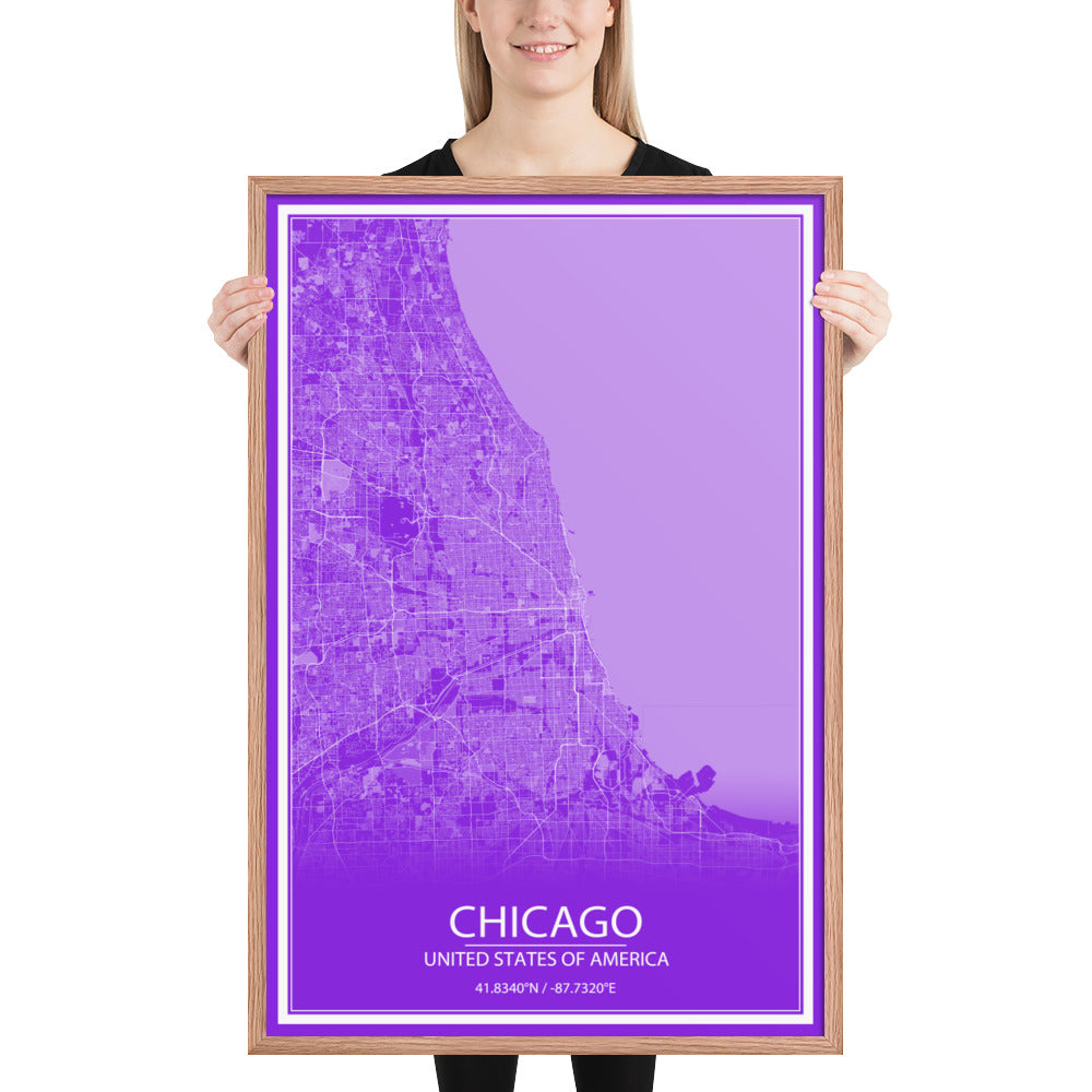 Chicago Purple and White Framed Map