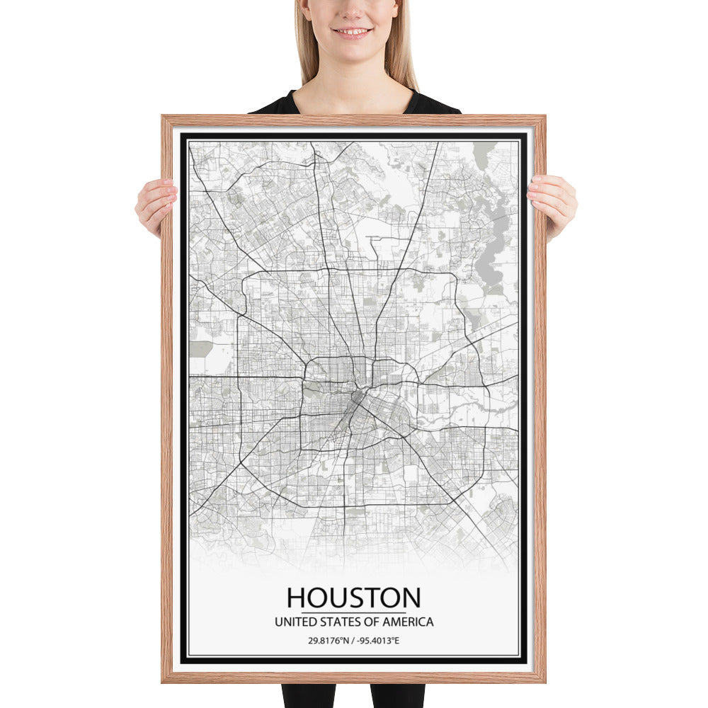 Houston White Framed Map