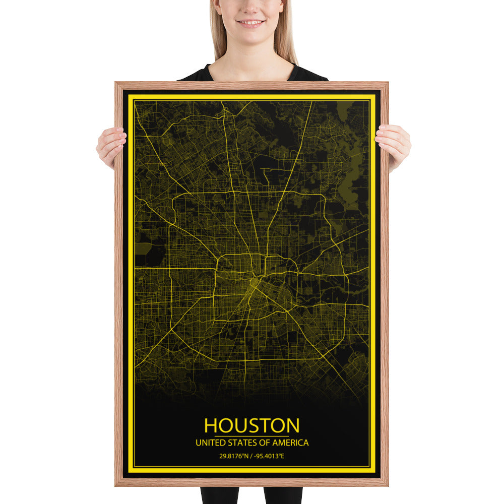 Houston Black and Yellow Framed Map