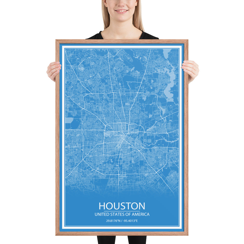 Houston Blue and White Framed Map