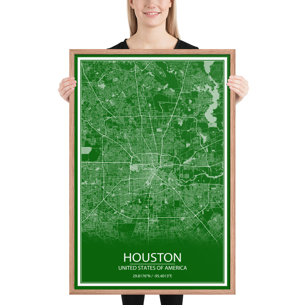 Houston Green and White Framed Map