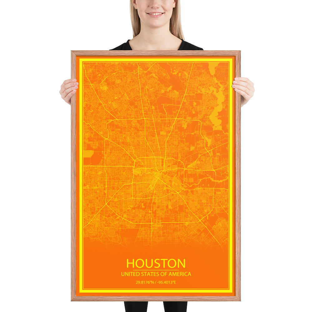 Houston Orange and Yellow Framed Map