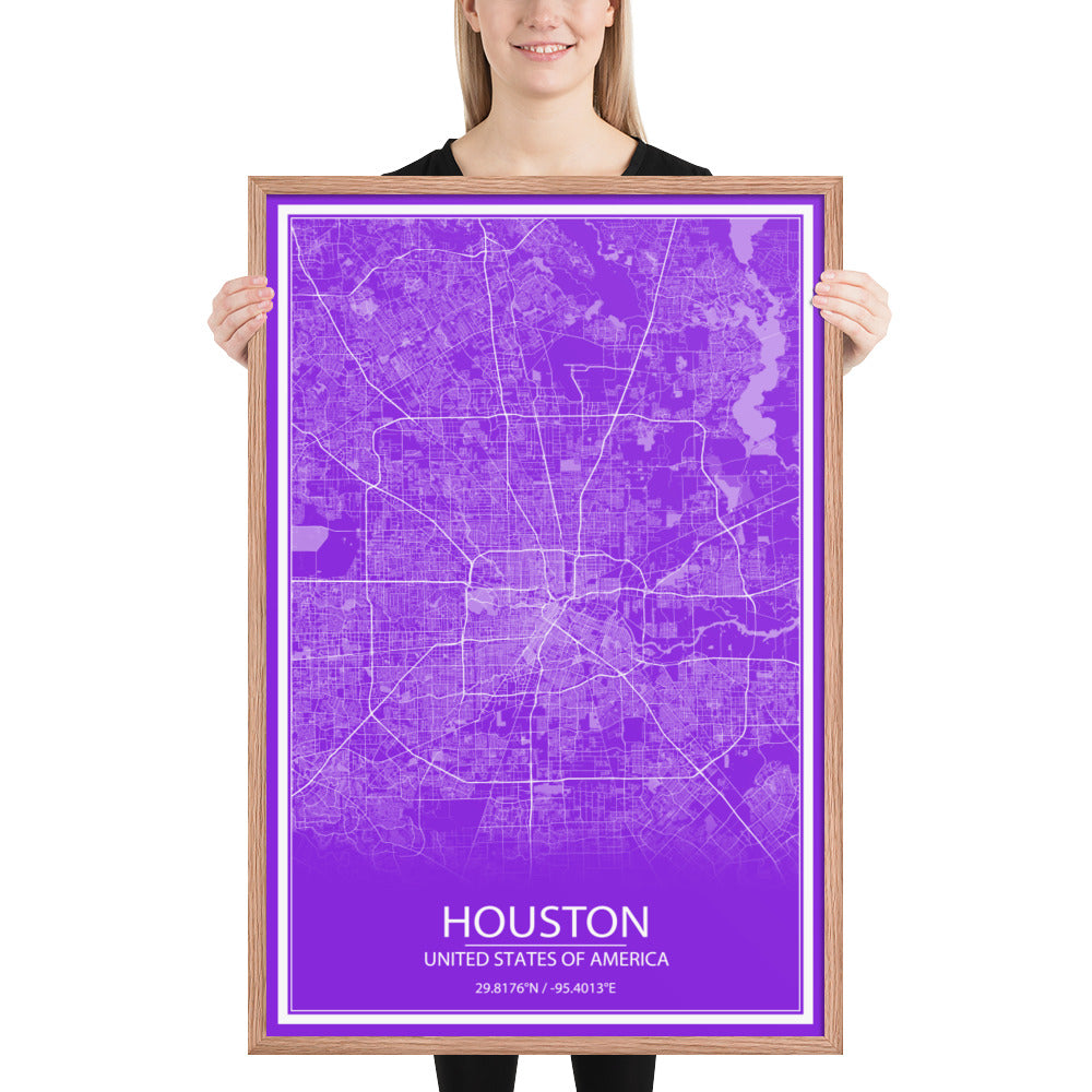 Houston Purple and White Framed Map