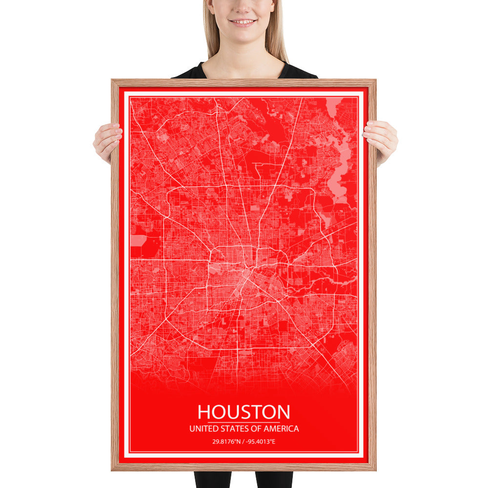 Houston Red and White Framed Map