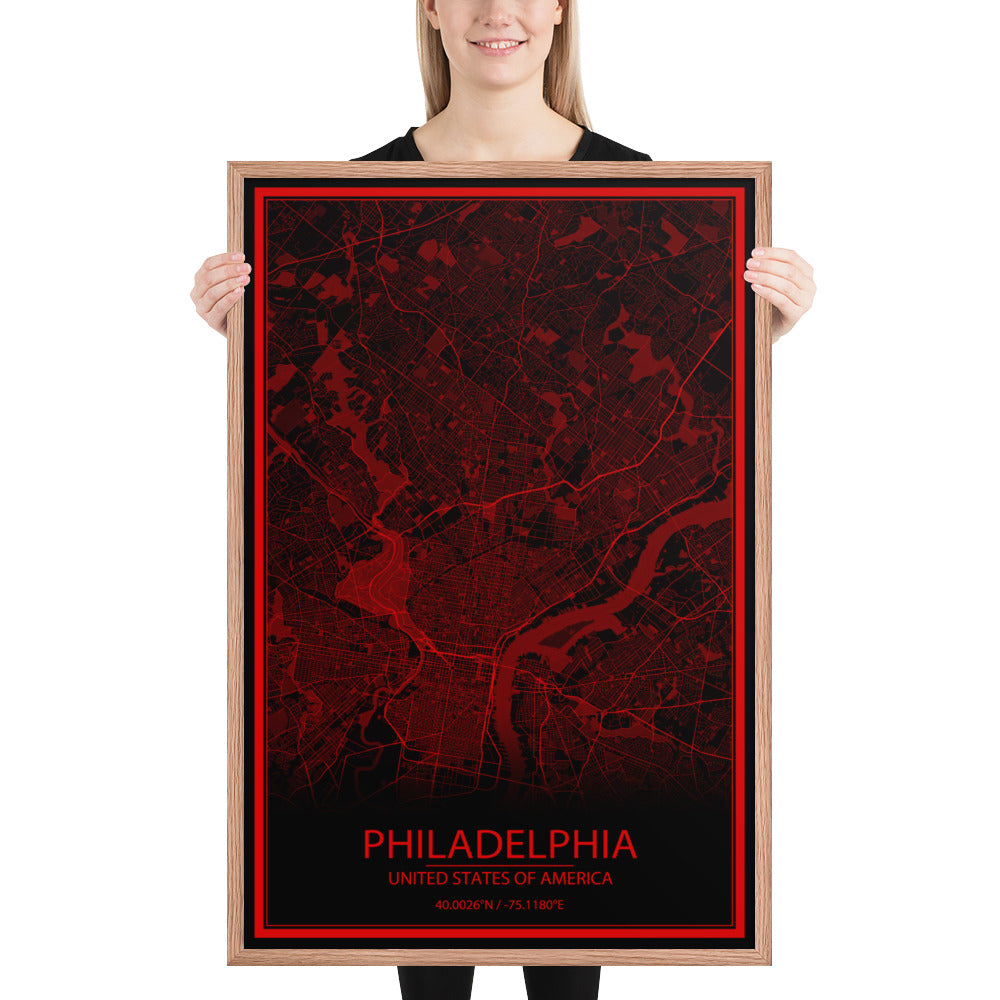 Philadelphia Black and Red Framed Map