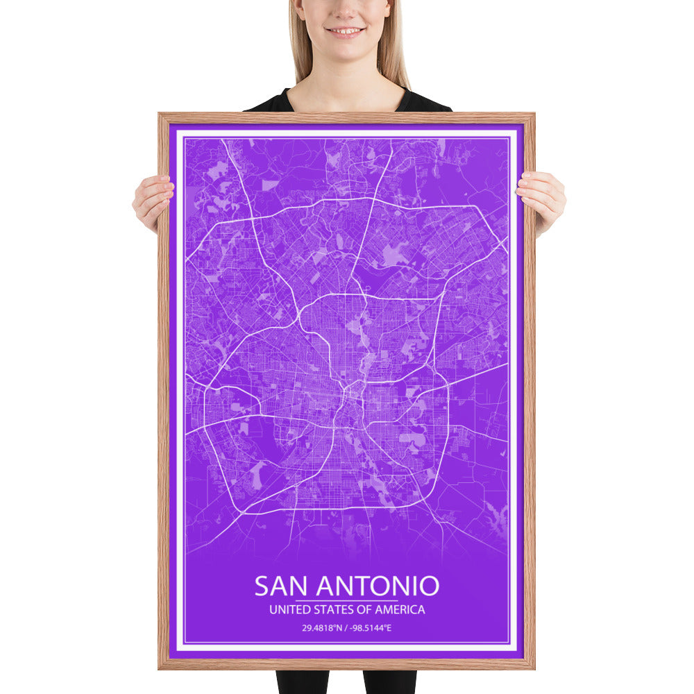 San Antonio Purple and White Framed Map