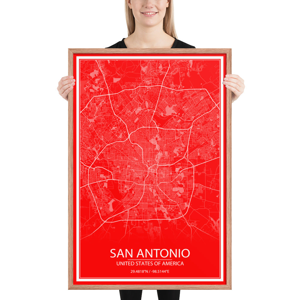 San Antonio Red and White Framed Map