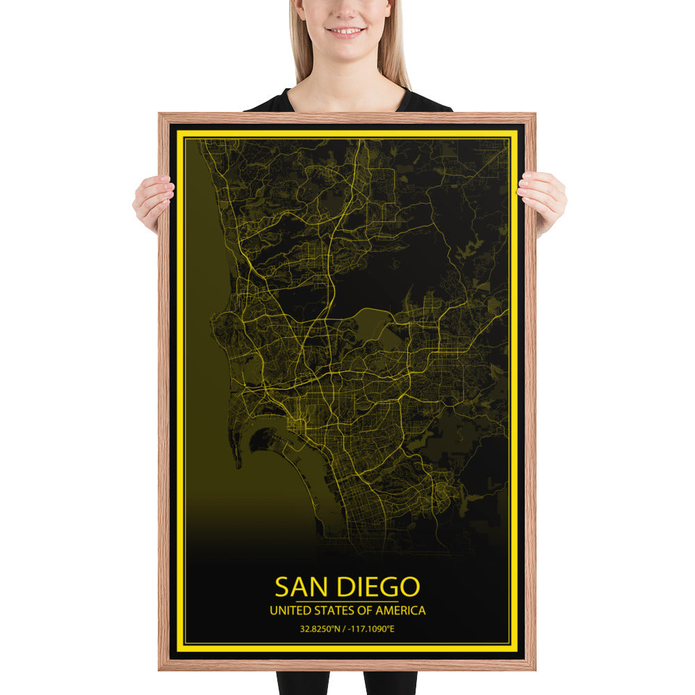 San Diego Black and Yellow Framed Map