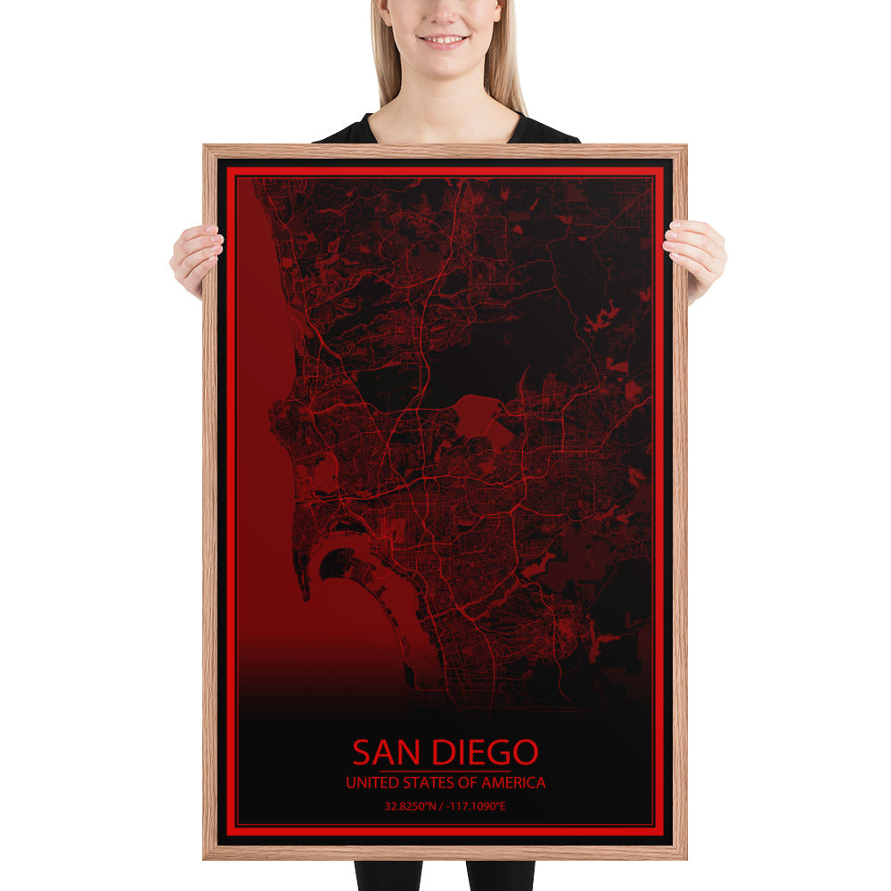 San Diego Black and Red Framed Map