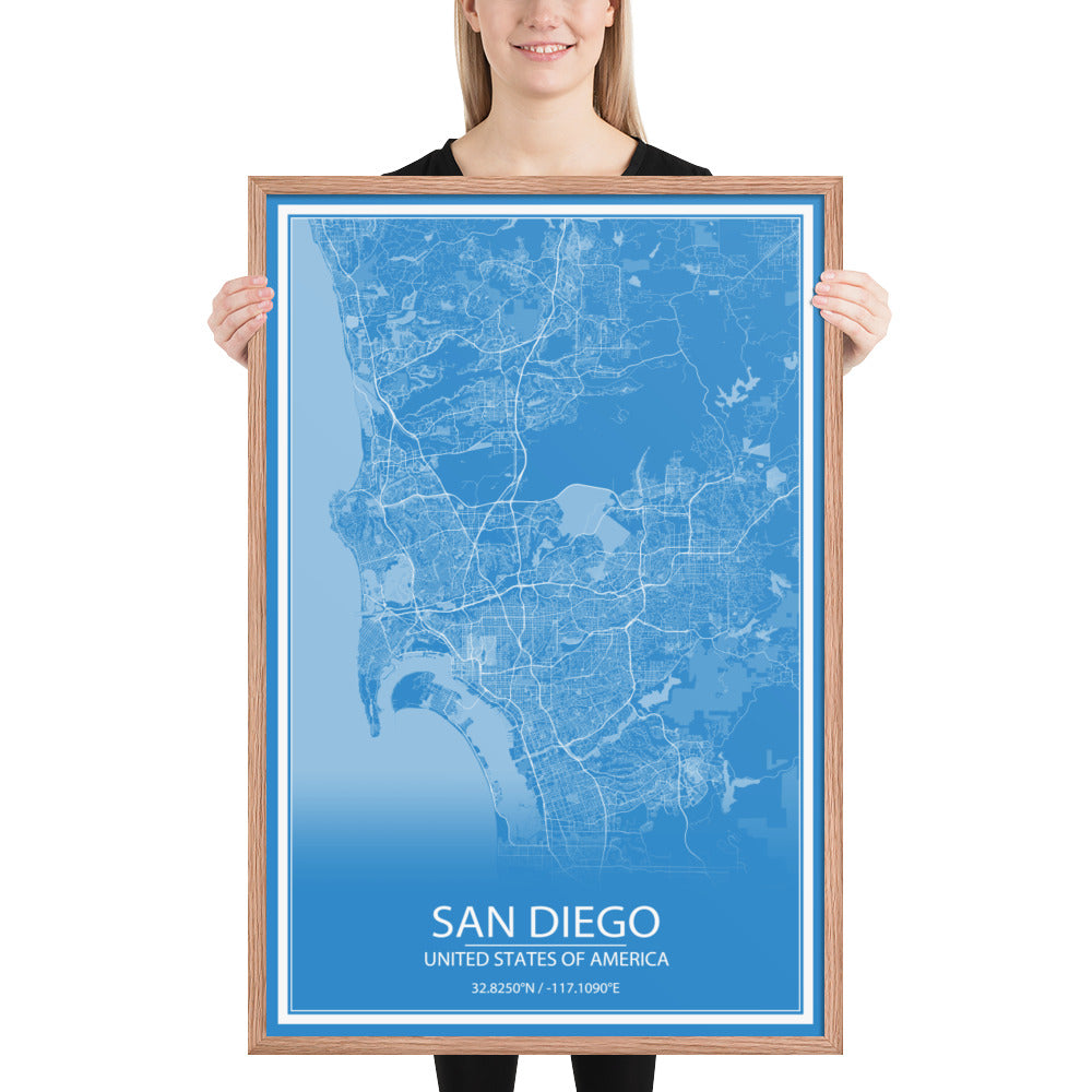 San Diego Blue and White Framed Map