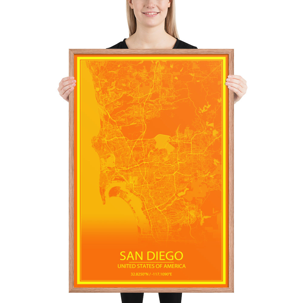 San Diego Orange and Yellow Framed Map