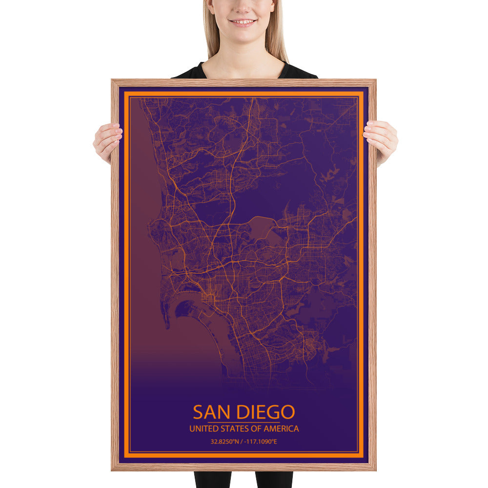 San Diego Purple and Orange Framed Map