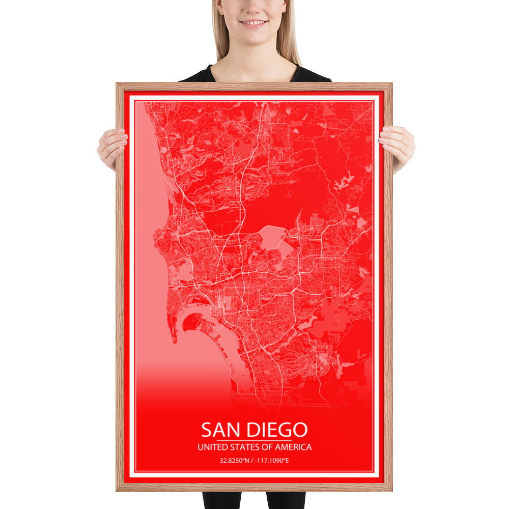 San Diego Red and White Framed Map