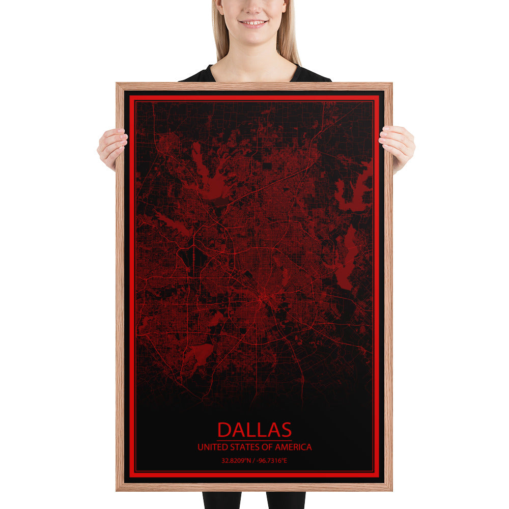 Dallas Black and Red Framed Map