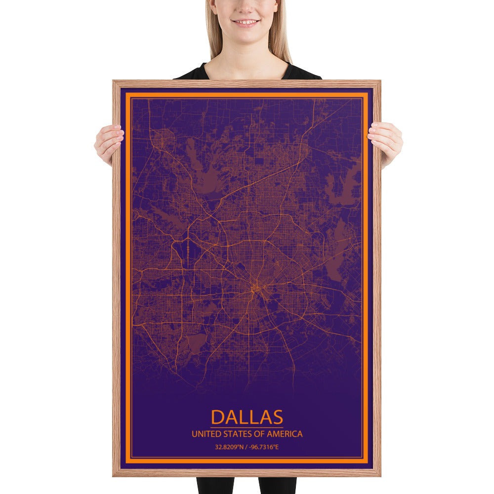 Dallas Purple and Orange Framed Map