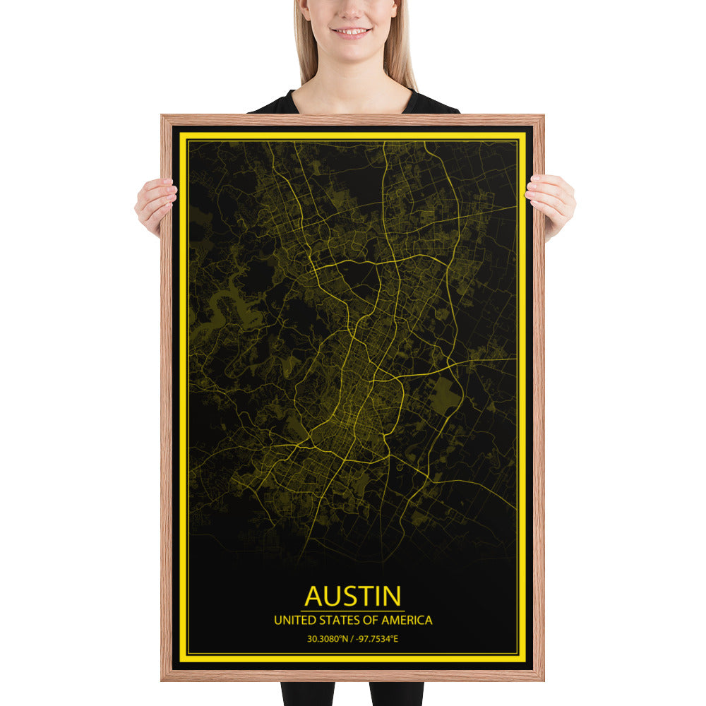 Austin Black and Yellow Framed Map