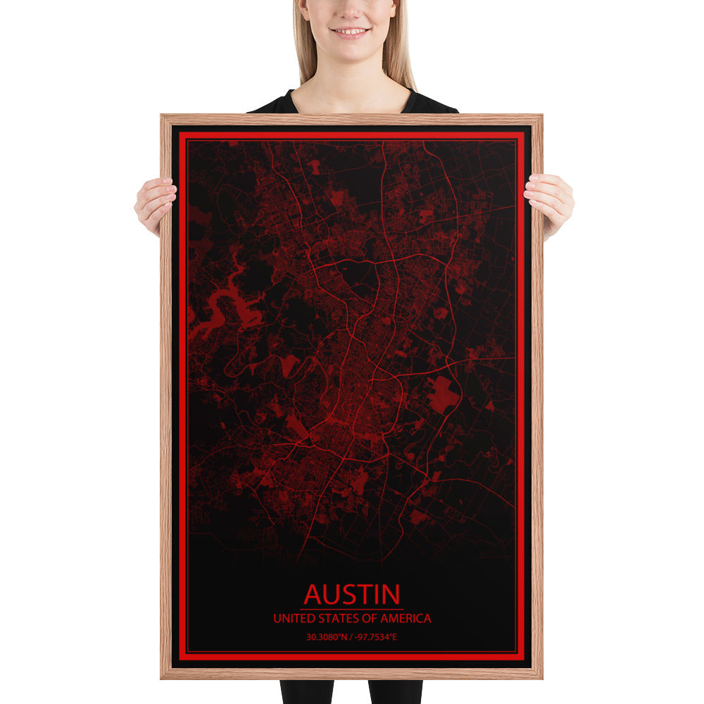 Austin Black and Red Framed Map