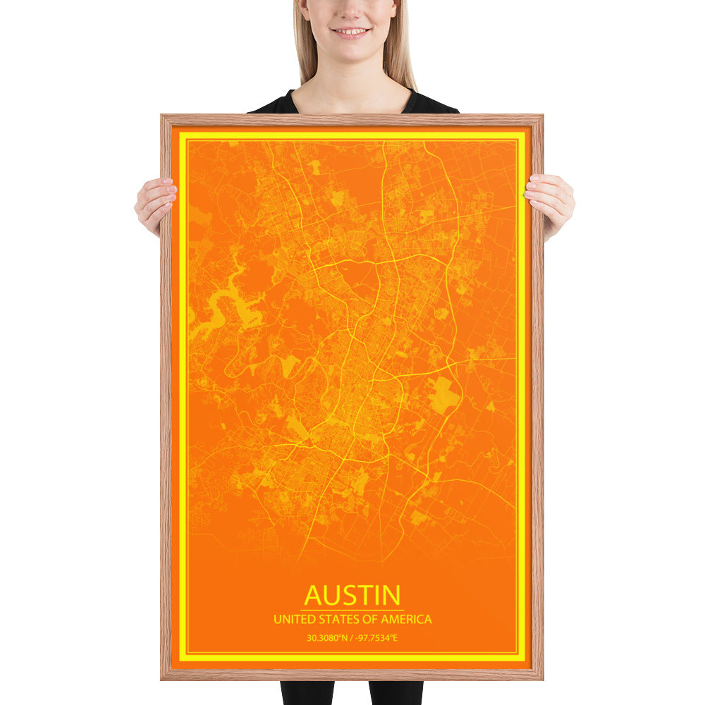 Austin Orange and Yellow Framed Map