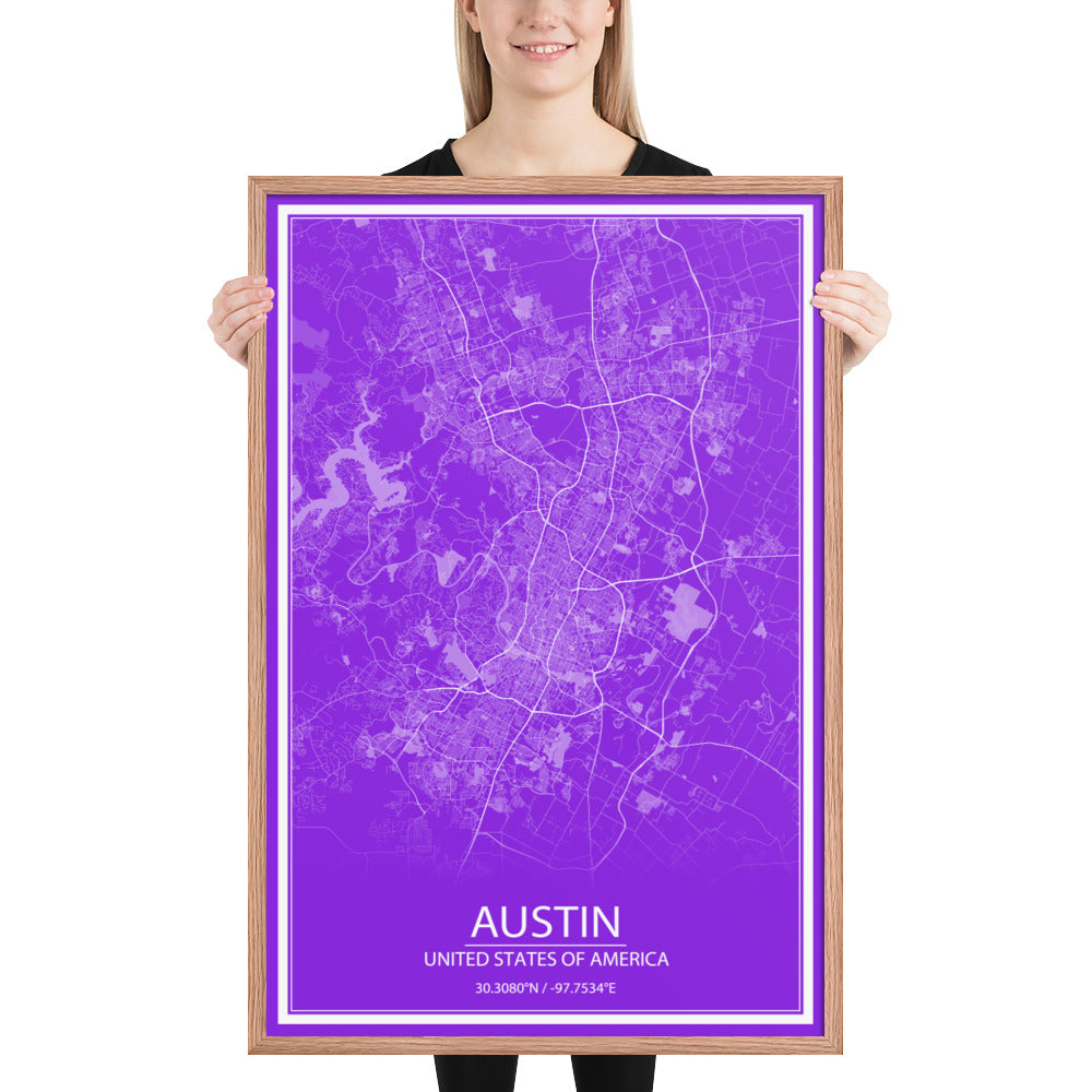 Austin Purple and White Framed Map