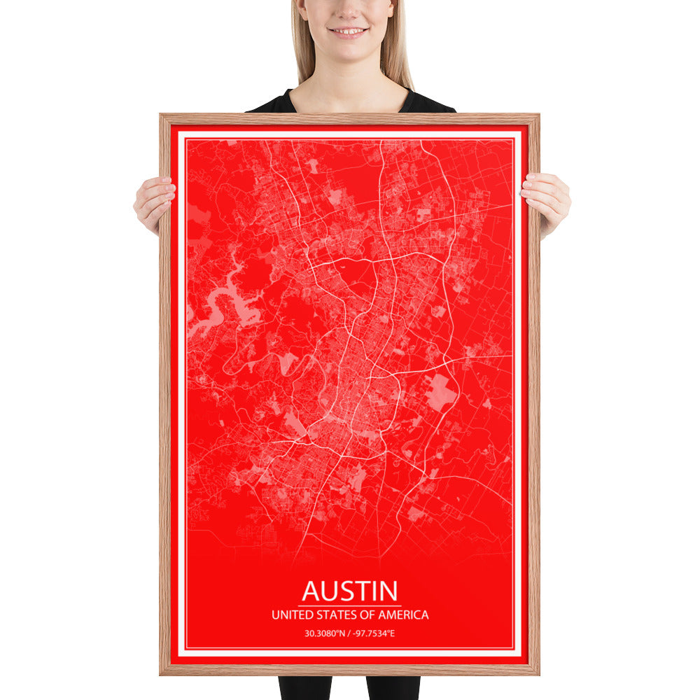 Austin Red and White Framed Map