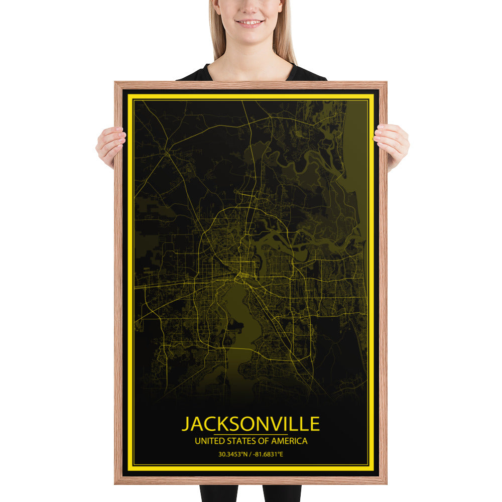 Jacksonville Black and Yellow Framed Map