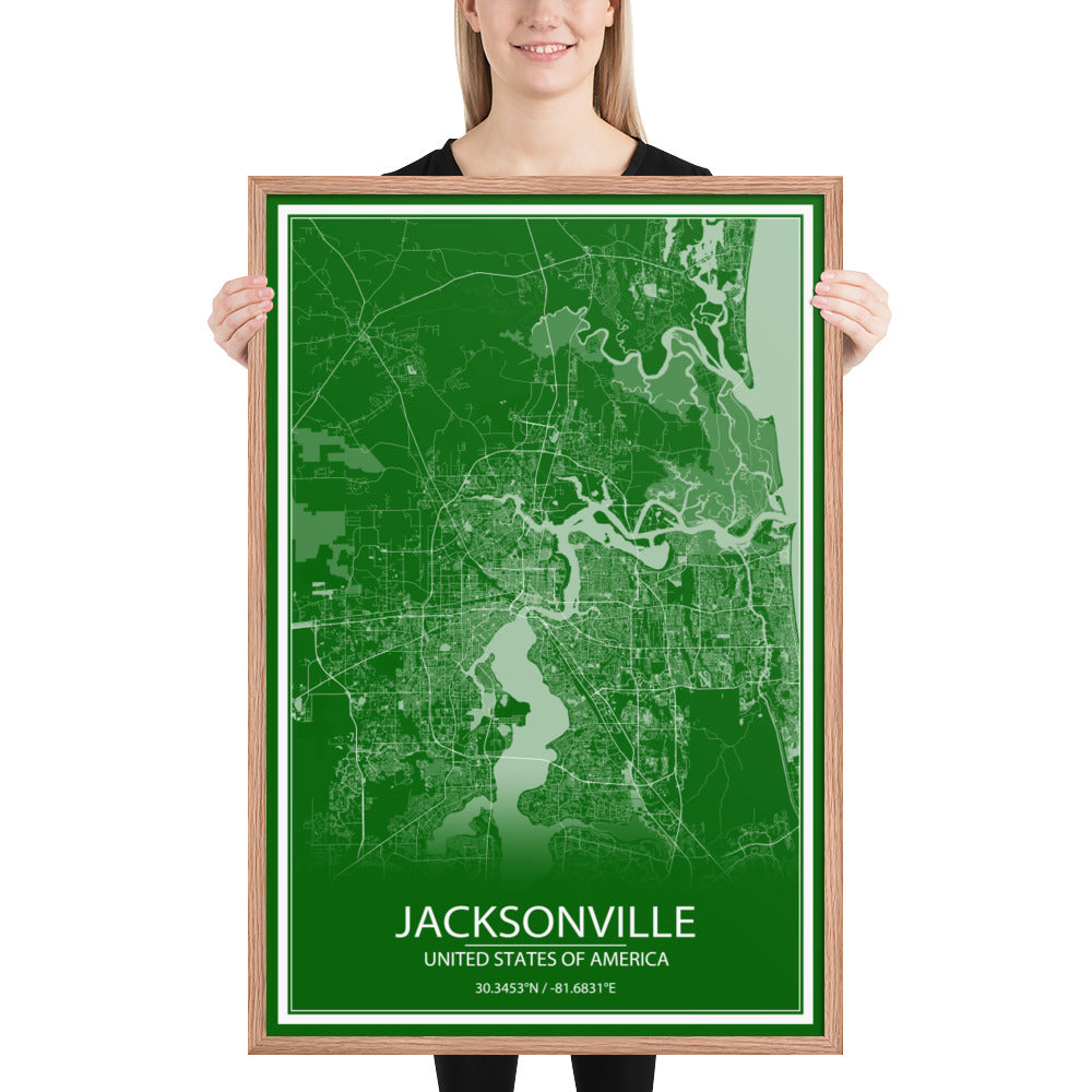 Jacksonville Green and White Framed Map