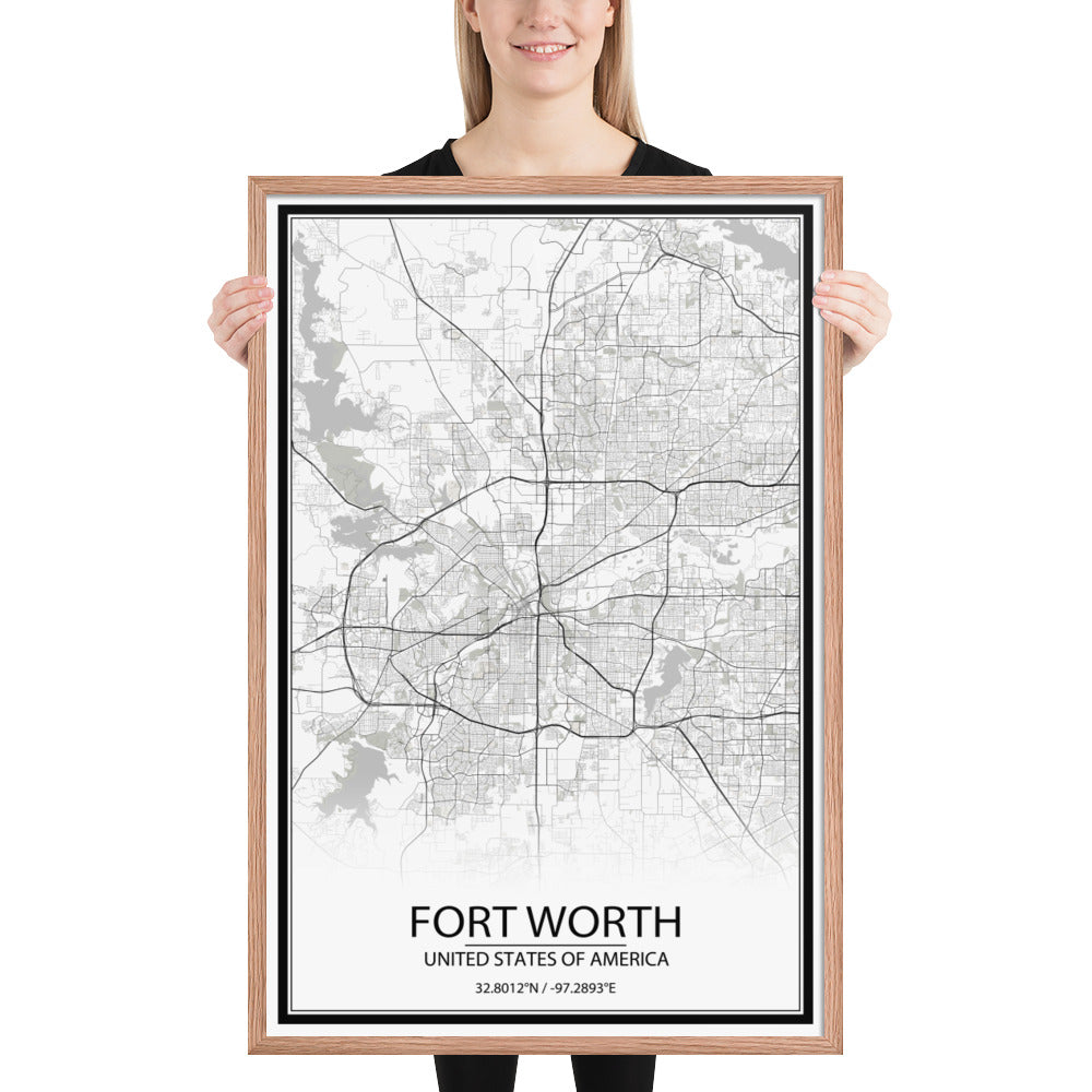 Fort Worth White Framed Map