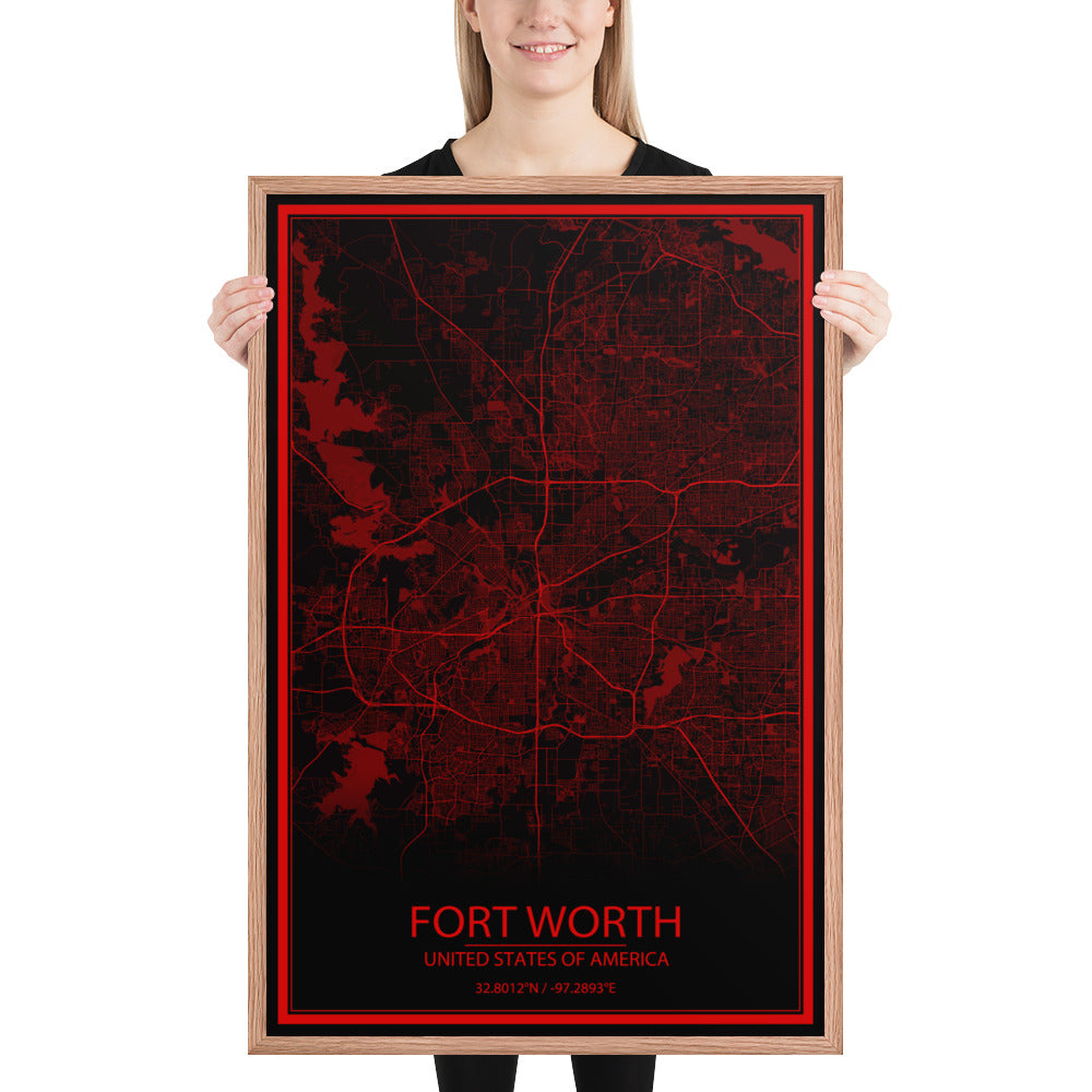 Fort Worth Black and Red Framed Map