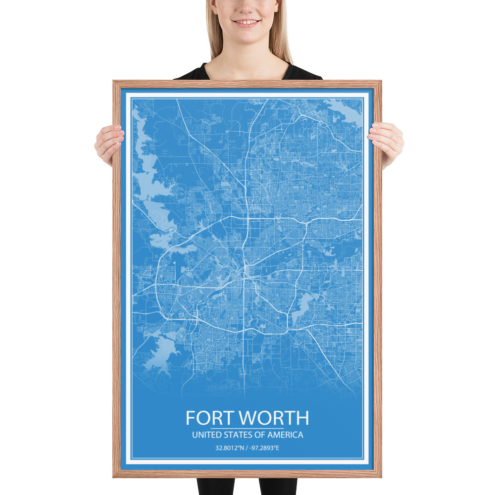 Fort Worth Blue and White Framed Map