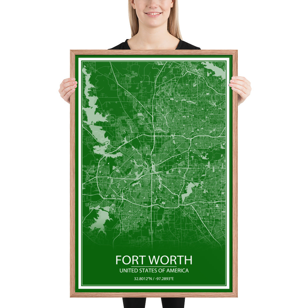 Fort Worth Green and White Framed Map