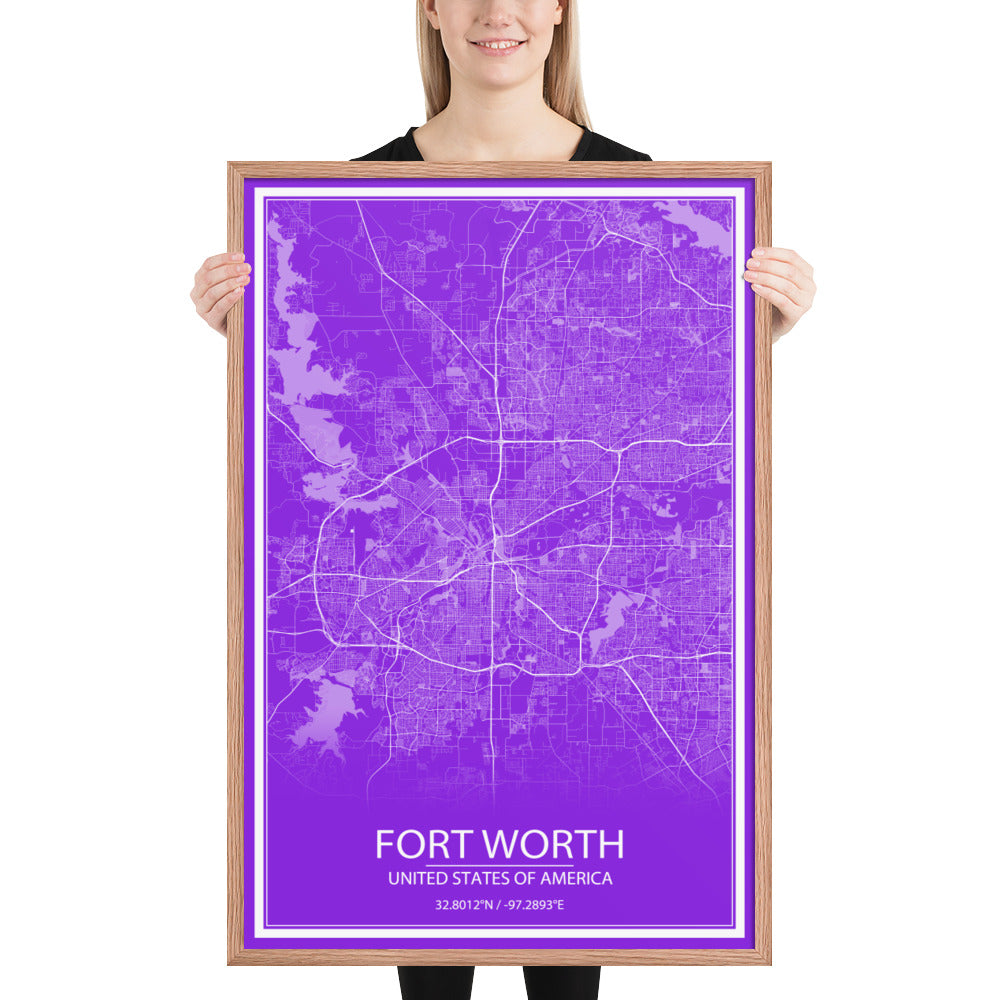 Fort Worth Purple and White Framed Map