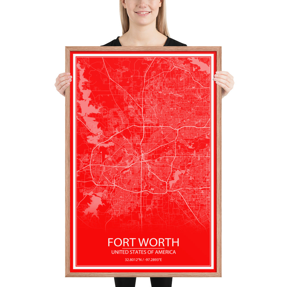 Fort Worth Red and White Framed Map