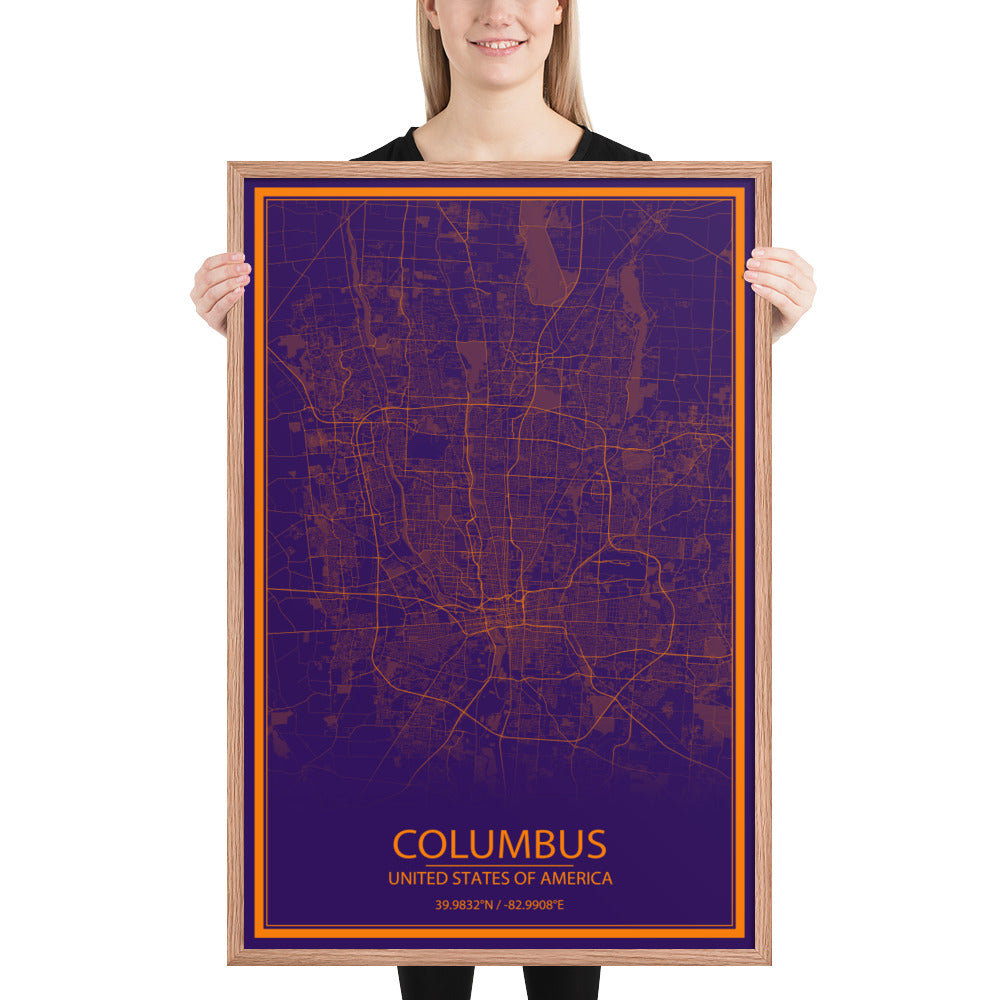 Columbus Purple and Orange Framed Map